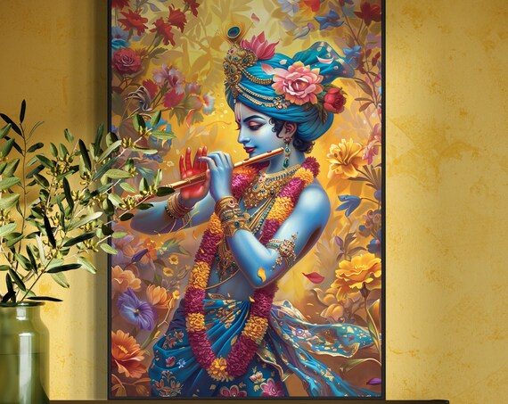 Lord Krishna Playing Flute Divine Blue Floral Spiritual Hindu Art Poster