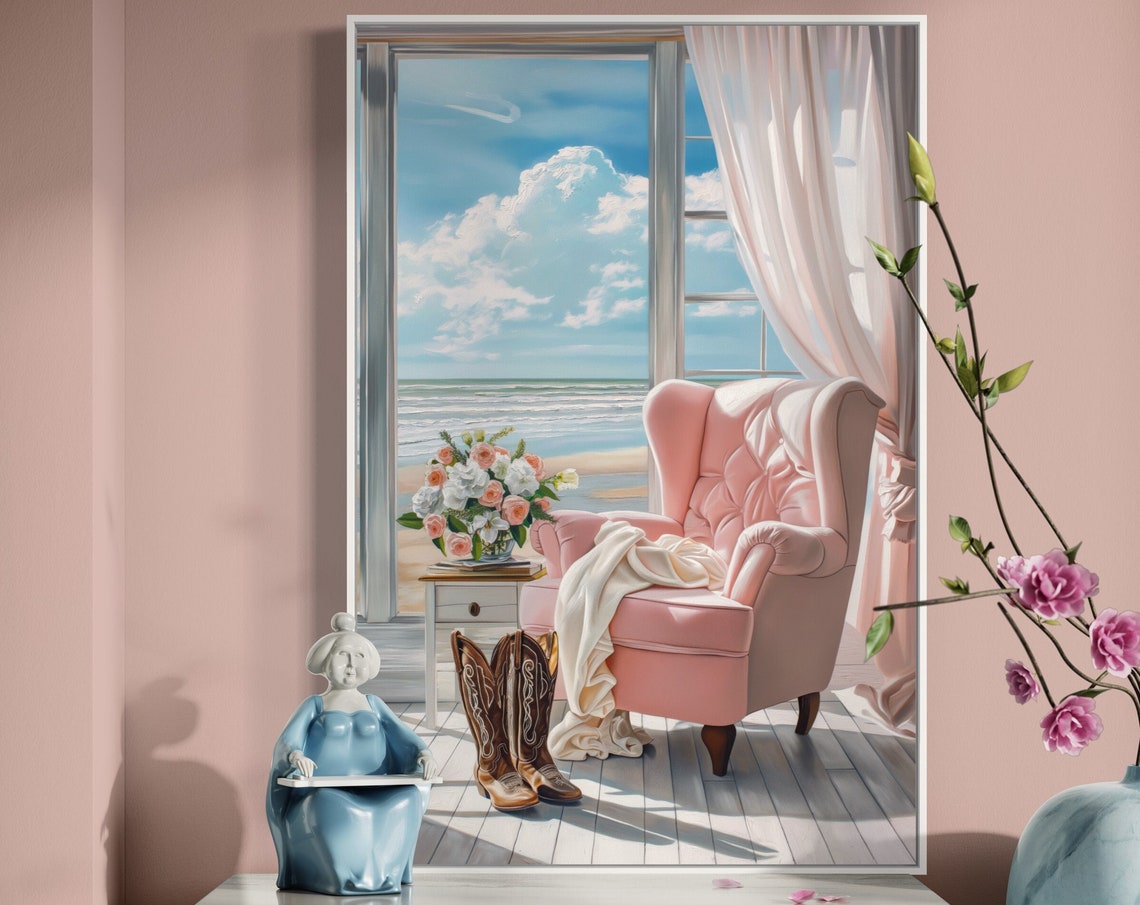 Coastal Cowgirl Reading Nook Pink Chair Ocean View Window Wall Art - Image 5