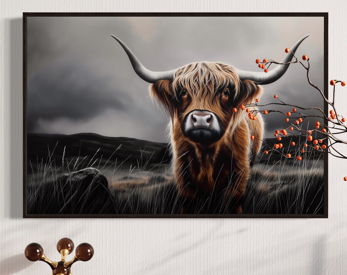 Highland Cow Portrait Stormy Gray Sky Autumn Berries Rustic Poster