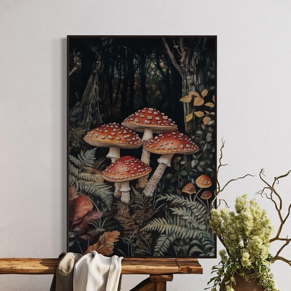 Magical Forest Mushroom Art Enchanted Amanita Muscaria Rustic Botanical Wall Decor Moody Nature Print For Bedroom