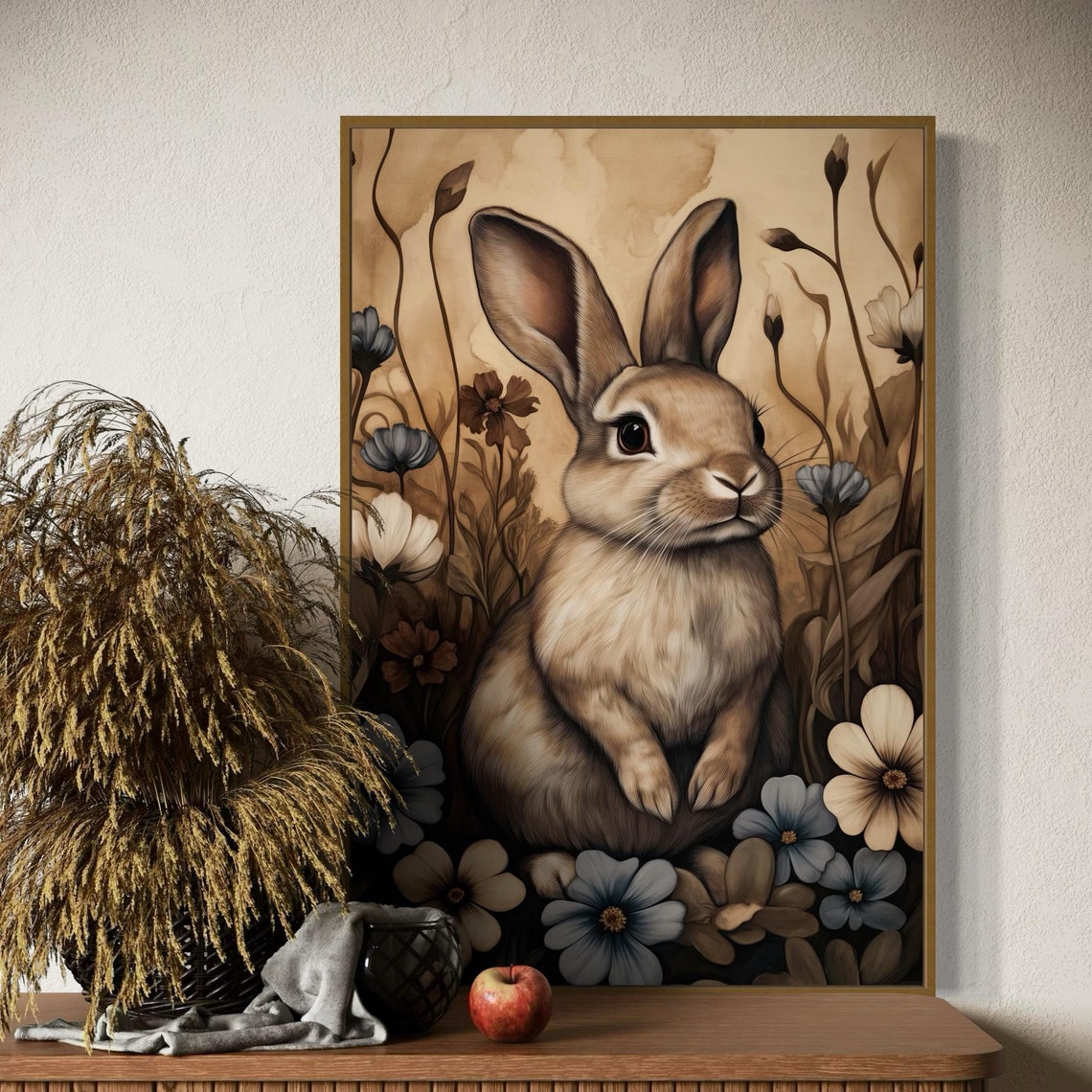 Cute Rabbit In Flower Garden Vintage Wildlife Bunny Art Wall Print