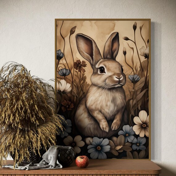 Cute Rabbit In Flower Garden Vintage Wildlife Bunny Art Wall Print