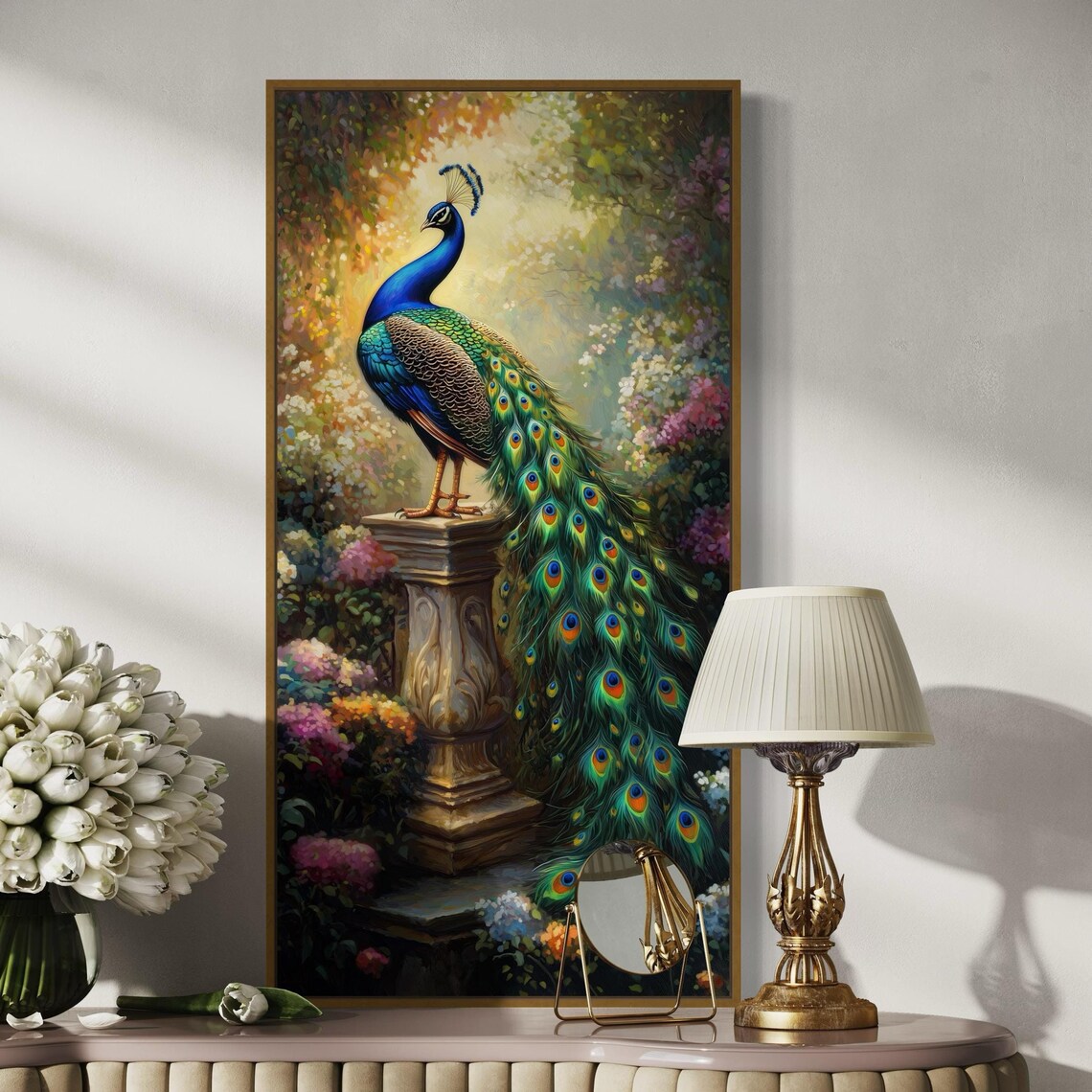 Peacock Wall Art Print, Tropical Bird Floral Accents