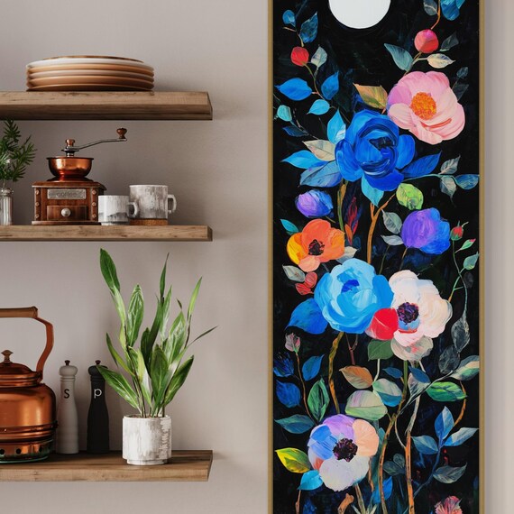 Moonlit Floral Wall Art Tall Vertical Abstract Flower Moody Botanical Print With Elegant Glow Perfect For Narrow Spaces