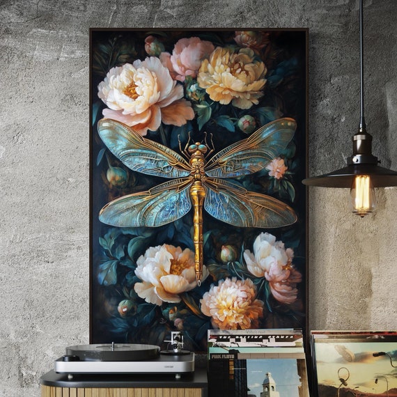 Golden Dragonfly Elegant Botanical Insect Print Moody Floral Luxurious Peony Art For Living Room Or Bedroom