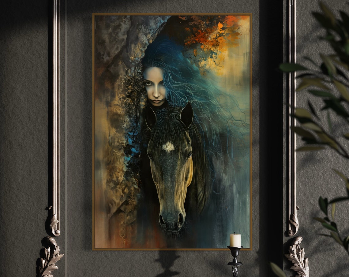 Mystical Woman Blue Hair Dark Horse Dramatic Fantasy Wall Art