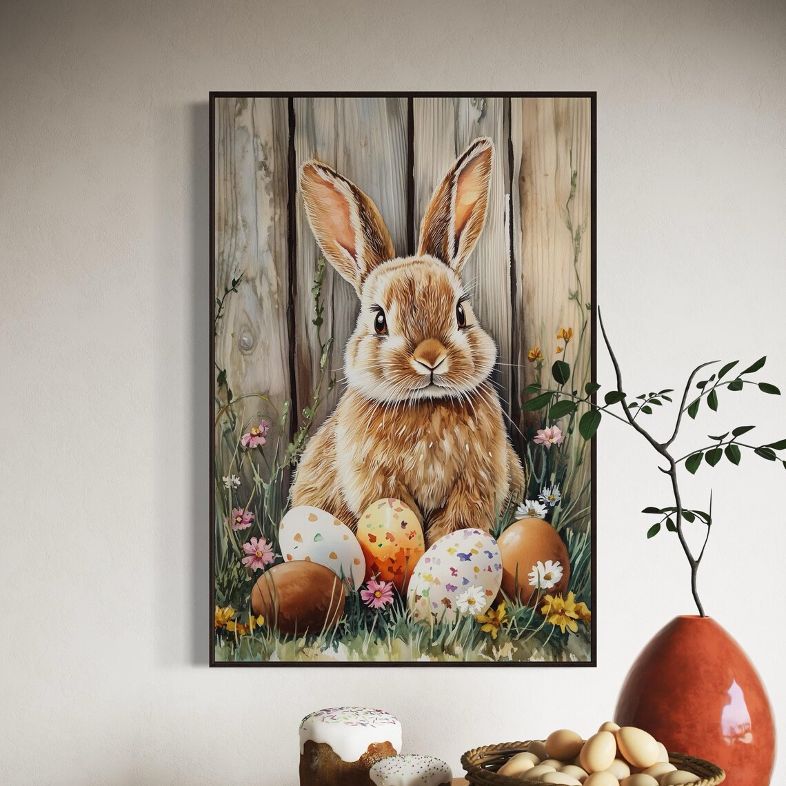 Easter Bunny, Rustic Spring Rabbit With Eggs