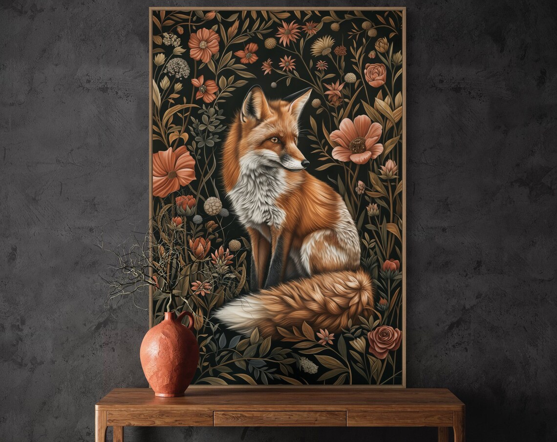 Whimsical Red Fox Dark Floral Botanical William Morris Style Print - Image 3