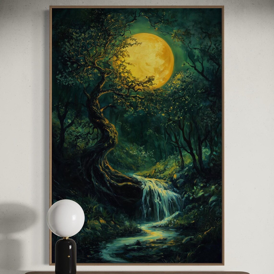 Enchanted Moonlit Forest Wall Art Mystical Full Moon Print With Waterfall Atmospheric Gothic Forest Art And Calming Night Sky Art