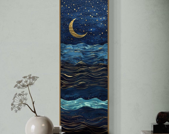 Dreamy Celestial Canvas Long Narrow Starry Night Print Relaxing Moonlight Painting Print In Navy Blue For Moody Wall Art