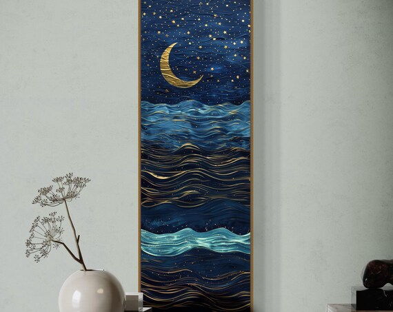 Dreamy Gold Crescent Moon Starry Ocean Waves Tall Night Art Print