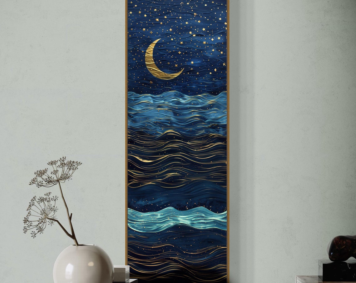 Dreamy Gold Crescent Moon Starry Ocean Waves Tall Night Art Print