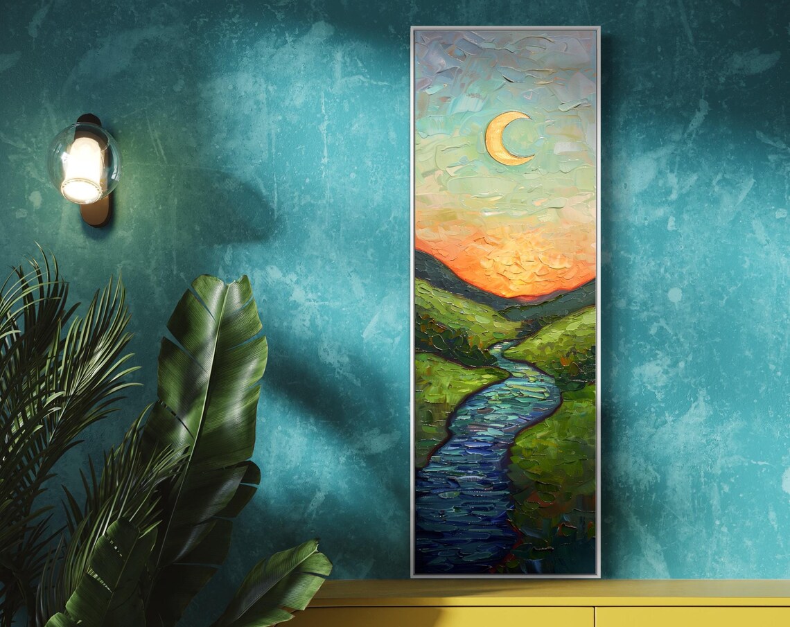 Dreamlike Moonlit River Winding Green Hills Tall Vertical Art Print