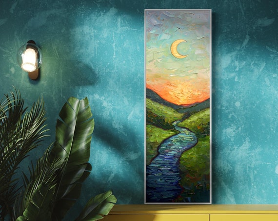 Dreamlike Moonlit River Tall Vertical Wall Art For Relaxing Narrow Wall Art Atmospheric Crescent Moon Night Landscape Print