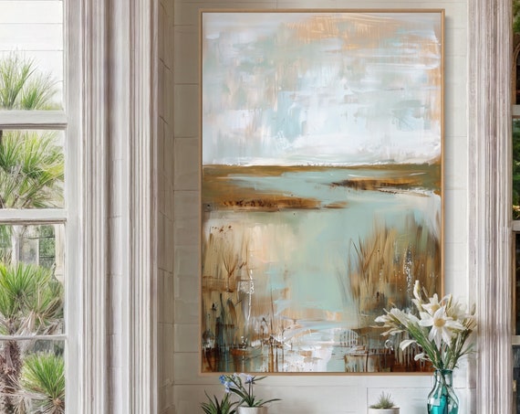 Tranquil Marshlands Simple Abstract Art In Muted Colors Earth Tone Marsh Painting Print For Neutral Home Decore And Lake House Elegance