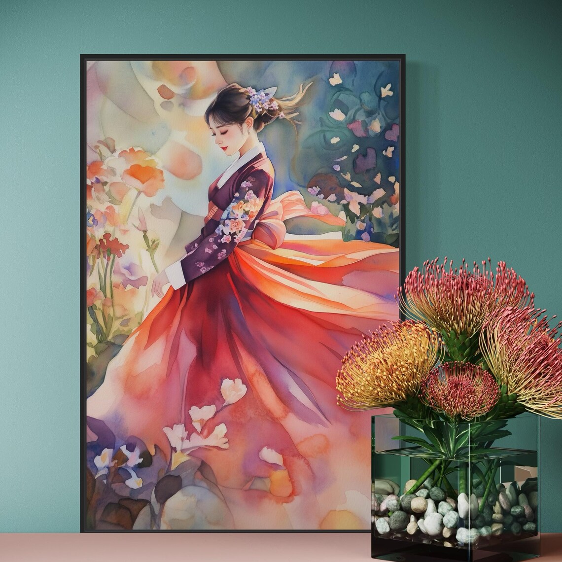 Korean Hanbok Watercolor Art Print, Elegant Cultural Accent