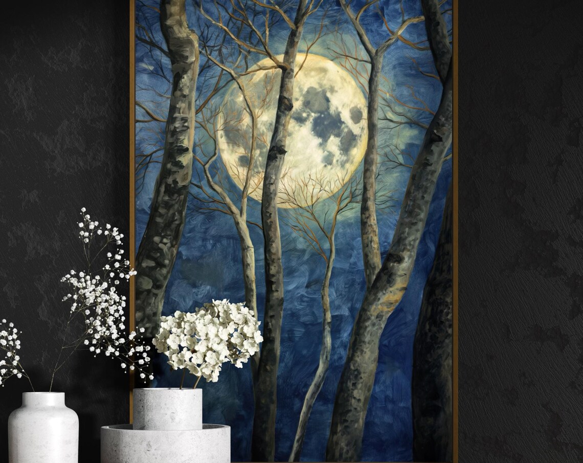 Full Moon in Dark Forest, Gothic Moonlight Art Print