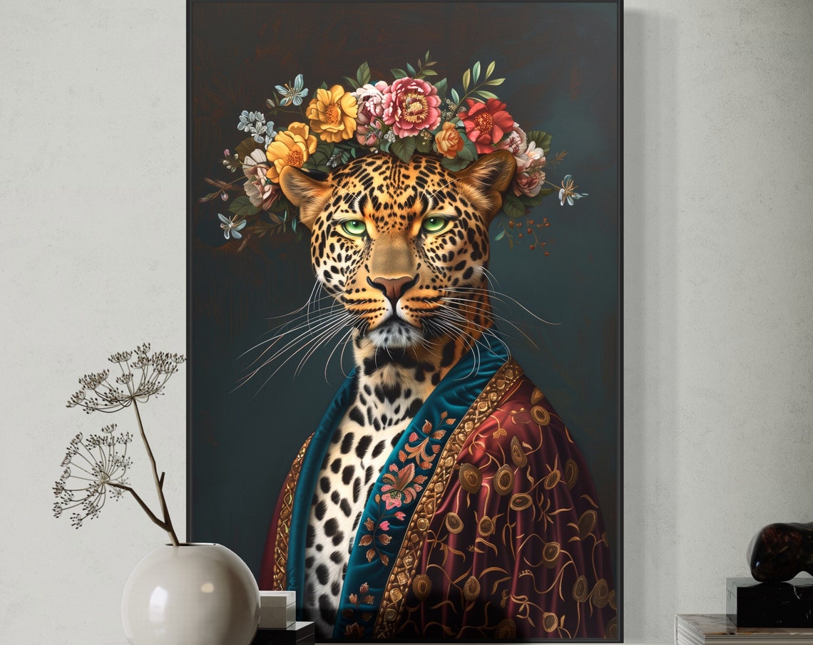 Regal Leopard Flower Crown Royal Portrait Victorian Style Art Print