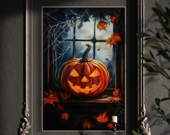 Spooky Jack O Lantern Window Cobwebs Autumn Leaves Halloween Art Print