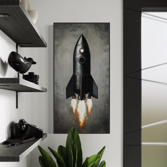 Vintage Rocket Launch Sleek Black Rocket Ship Art Print