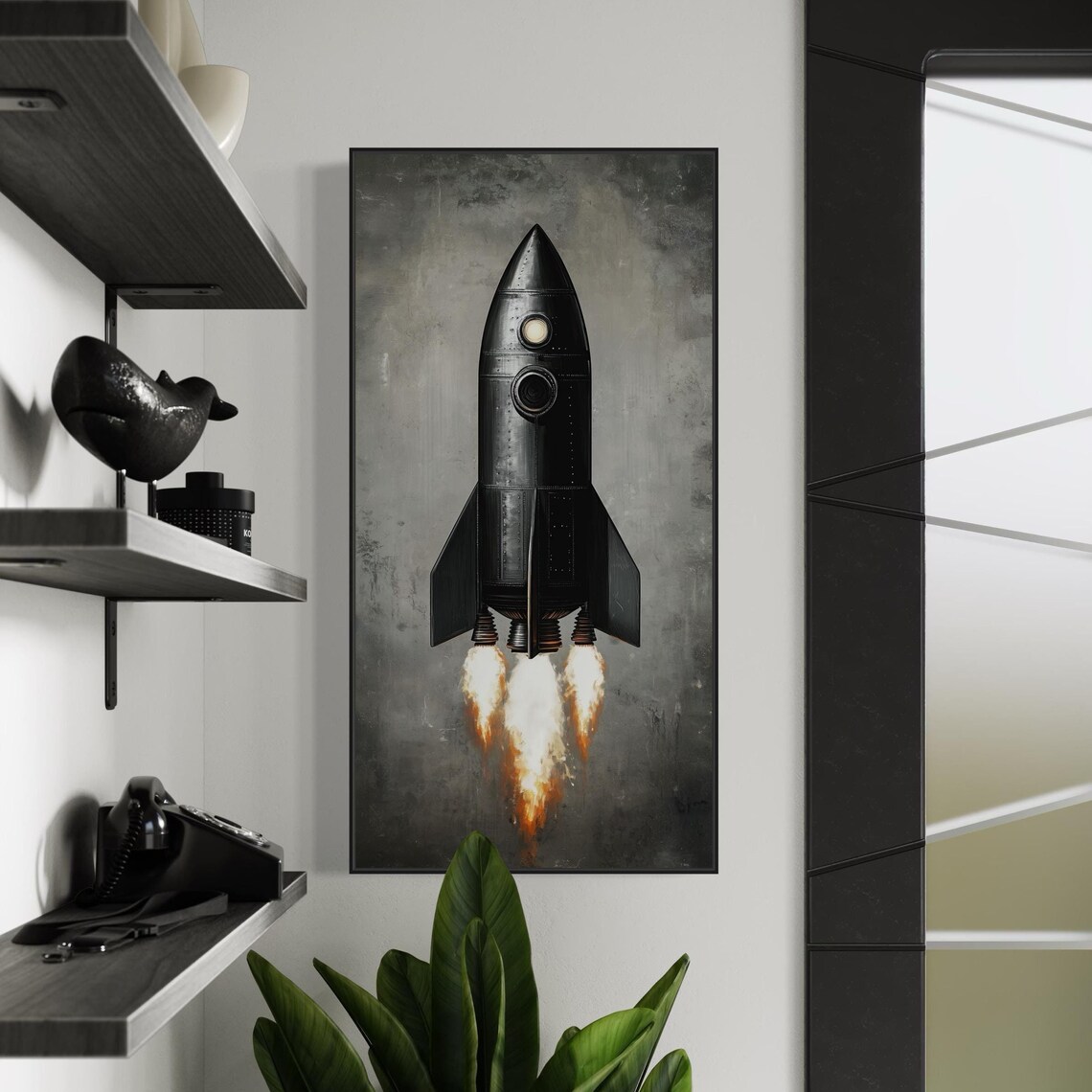 Vintage Rocket Launch Sleek Black Rocket Ship Art Print