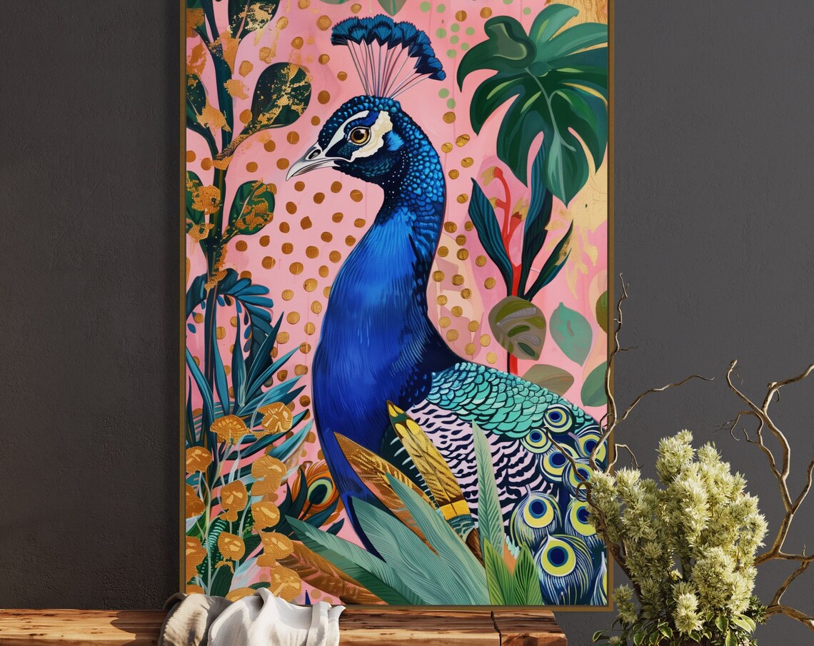 Blue Peacock Art Print, Tropical Color Pop Home Decor