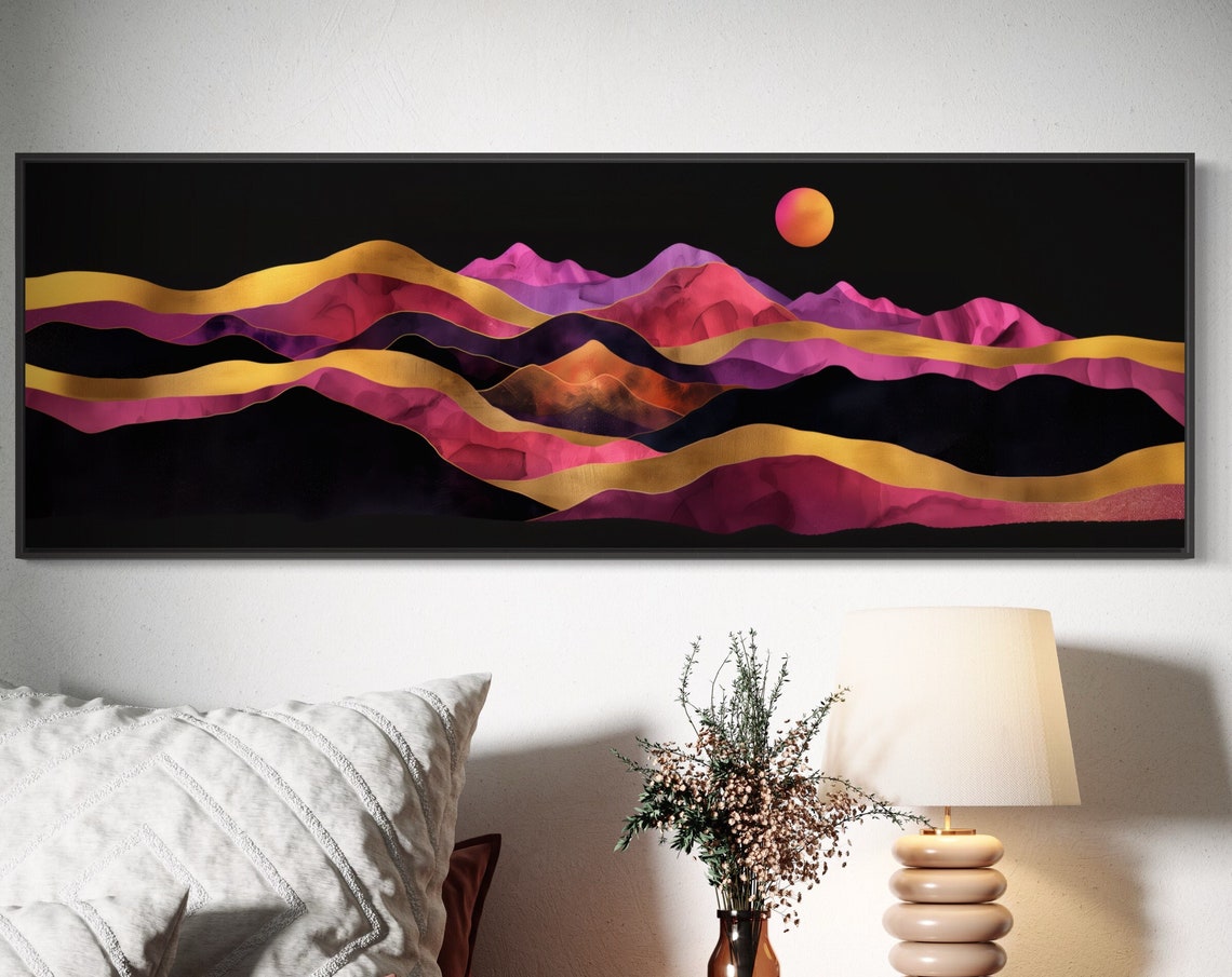 Pink Gold Abstract Layered Mountain Night Sky Panoramic Art Print