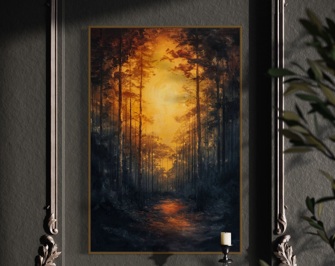 Forest Painting Print Enchanted Dark Green Forest Scene With Sunlit Path Sunset Print For Home Decore And Goth Room Decor