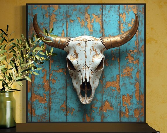 Rustic Bull Skull Gold Horns Turquoise Distressed Wood Southwest Art Print