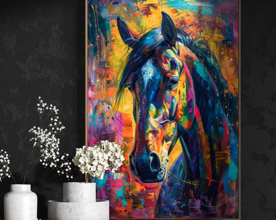 Vibrant Abstract Horse Portrait Bold Black Horse Painting Print For Masculine Decor With Vivid Colors And Equine Charm