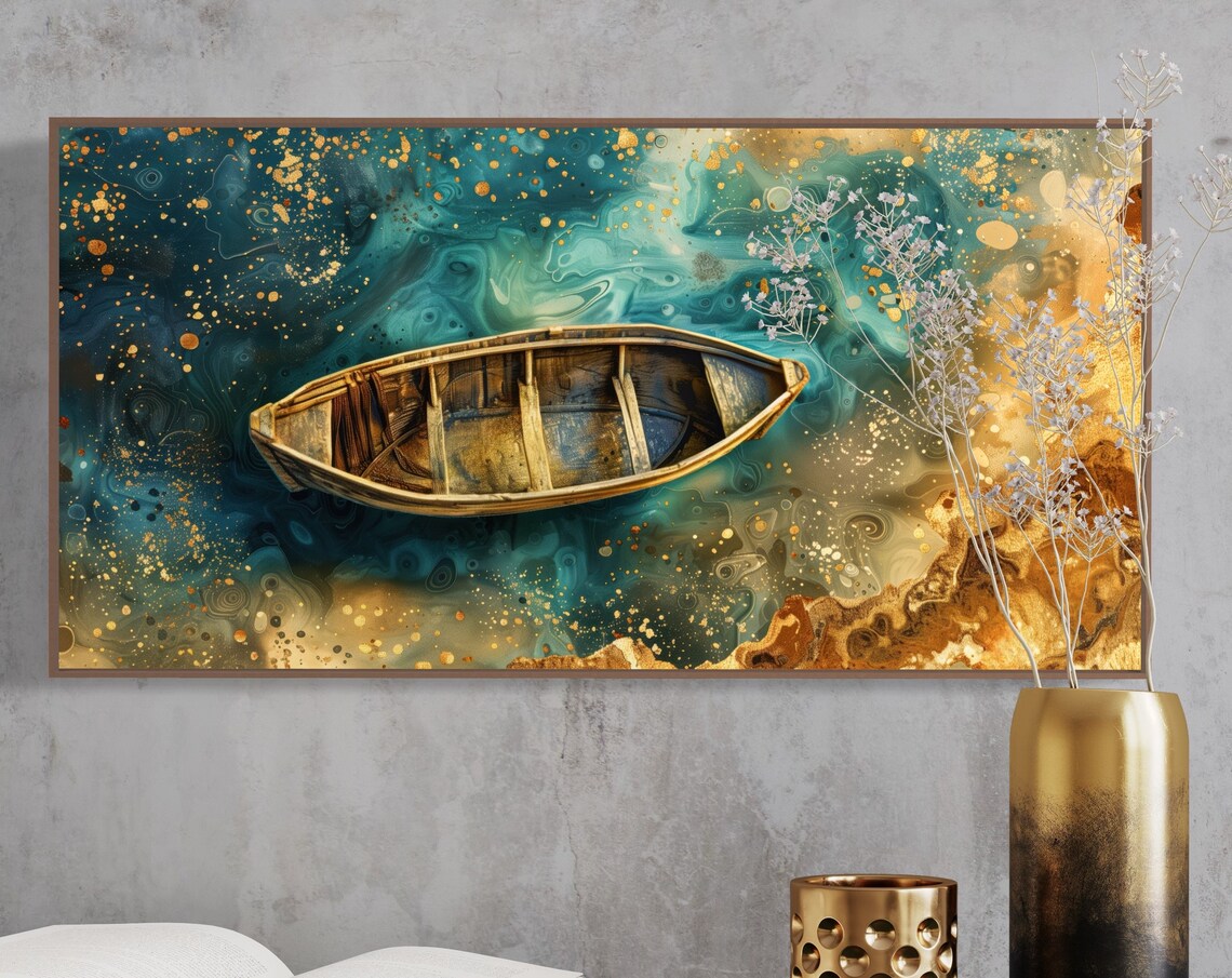 Wooden Rowboat Turquoise Gold Abstract Sea Rustic Coastal Wall Art