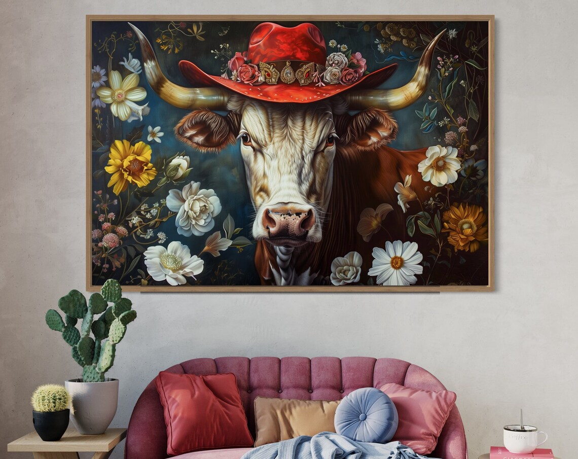 Whimsical Longhorn Cow Red Cowboy Hat Florals Rustic Western Poster