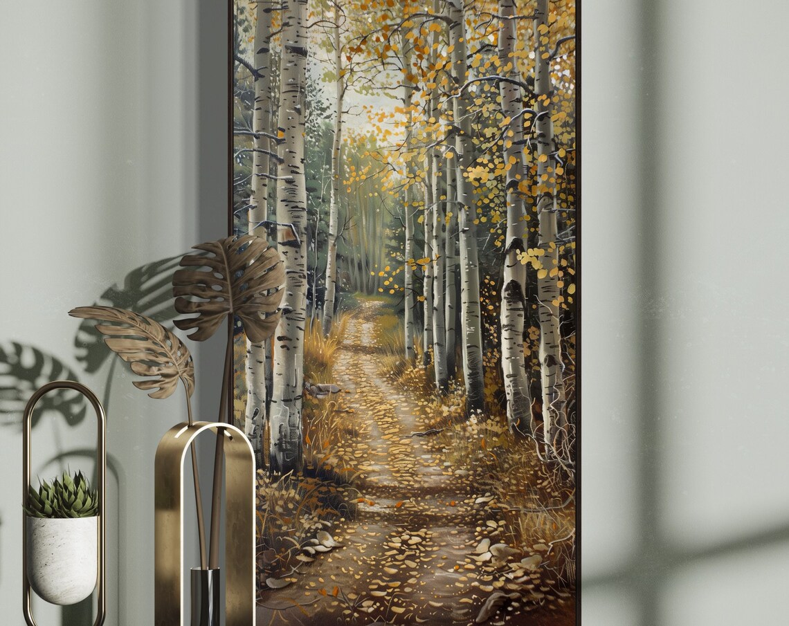 Autumn Aspen Forest Golden Leaves Woodland Path Vertical Poster