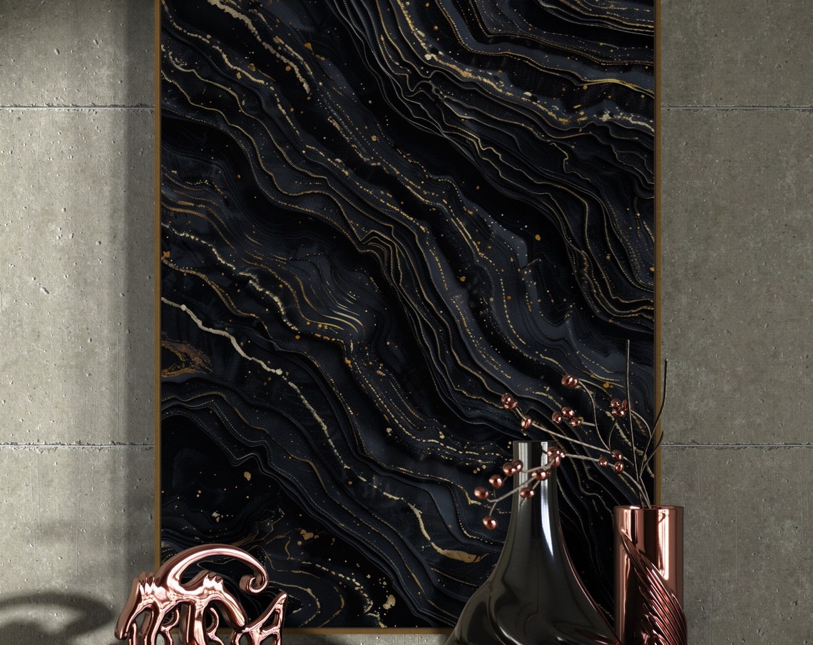 Monochrome Black Marble Gold Veins Luxury Abstract Art Print