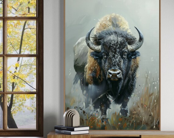 Bison Portrait Misty Grassland Realistic Buffalo Wildlife Art Print Wall Poster