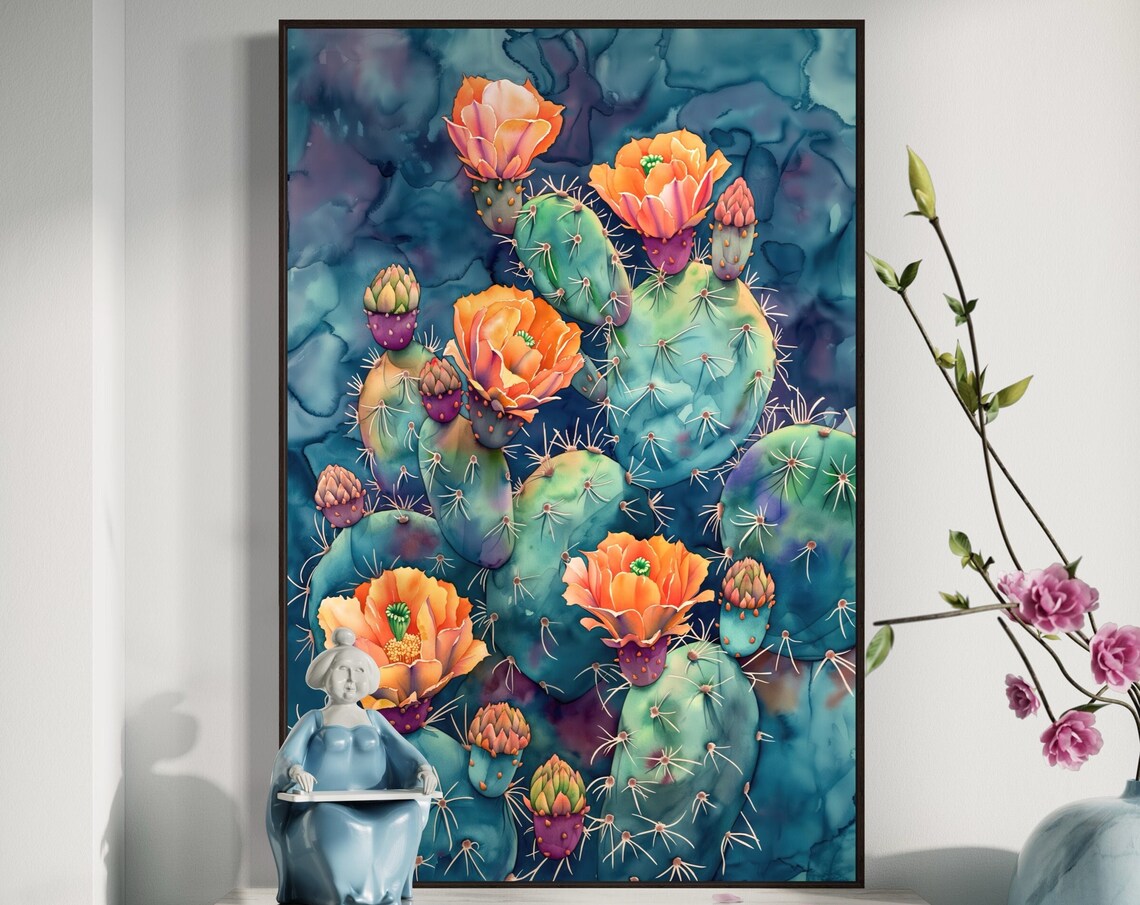 Mexican Prickly Pear Cactus Bloom, Watercolor Art Print