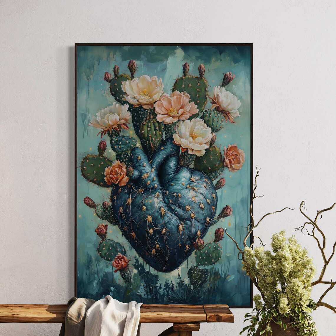 Heart Shaped Blooming Cactus Teal Botanical Desert Floral Art Poster