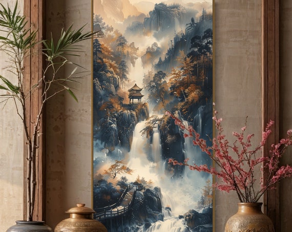 Tranquil Nature Scene Misty Mountain Landscape With Waterfall Art Print Zen Wall Art For Relaxing Home Decore And Meditation Poster