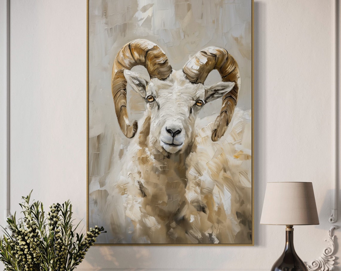 White Ram with Curled Horns Vertical Wildlife Portrait Wall Art - Image 5