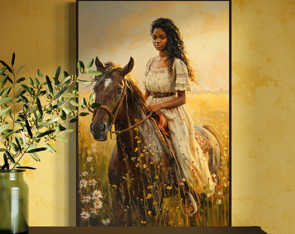 Black Woman Riding Horse in Golden Wildflower Meadow Vintage Poster