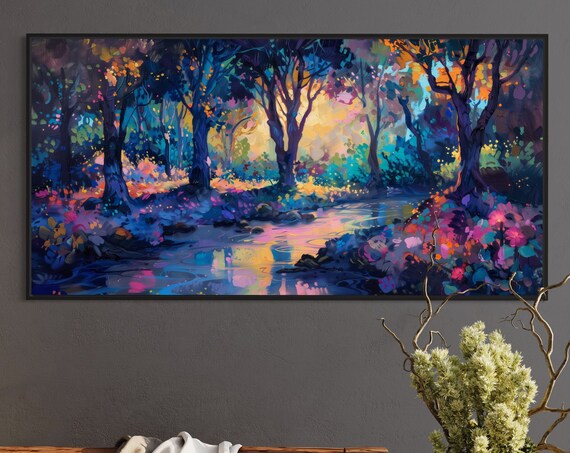 Sunrise Enchanted Forest Vivid Colors Of Fantasy Forest Art Print Abstract Forest Expressionism Forest Print With River Artwork