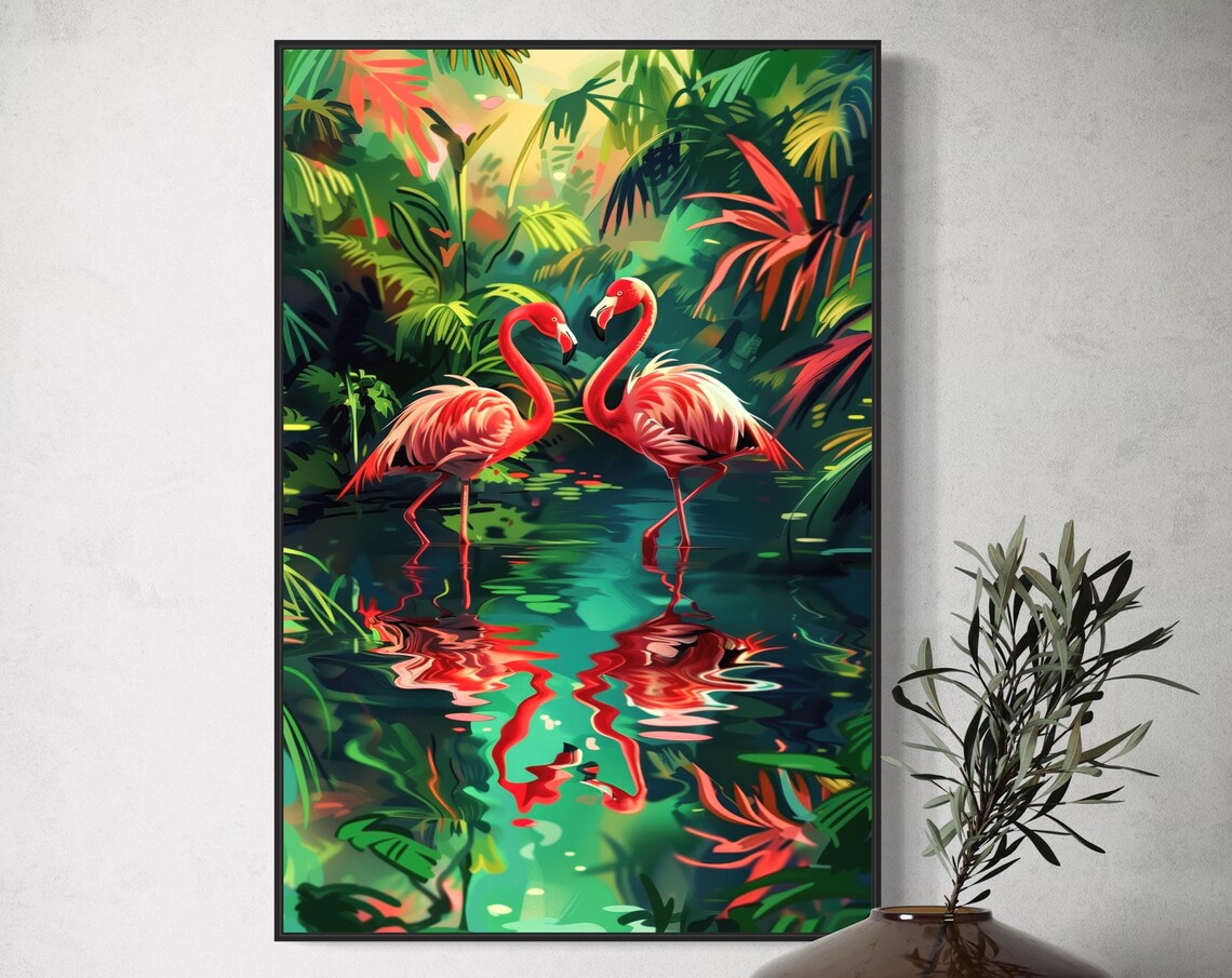 Tropical Flamingo Abstract Art Print, Emerald Green
