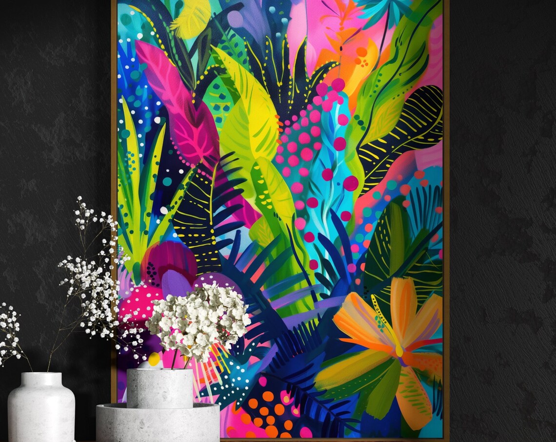 Maximalist Tropical Palm Leaf Art Print, Flowering Garden