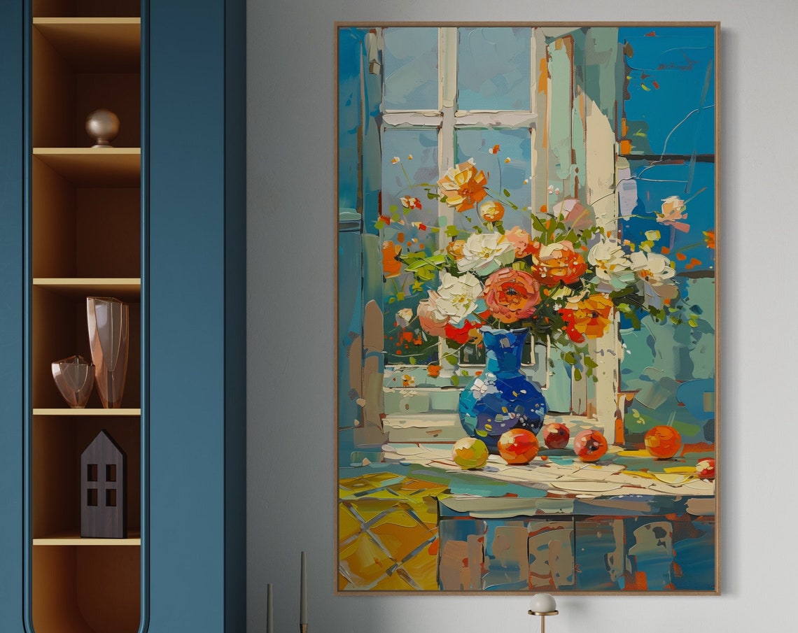 Rose Bouquet in Blue Vase Sunlit Window Still Life Wall Art Print