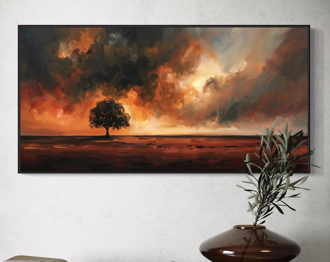 Tranquil Sunset Over Lone Tree Moody Panoramic Landscape Print For Rustic Home Decor Atmospheric Art For Above Bed And Hallway Wall Decor