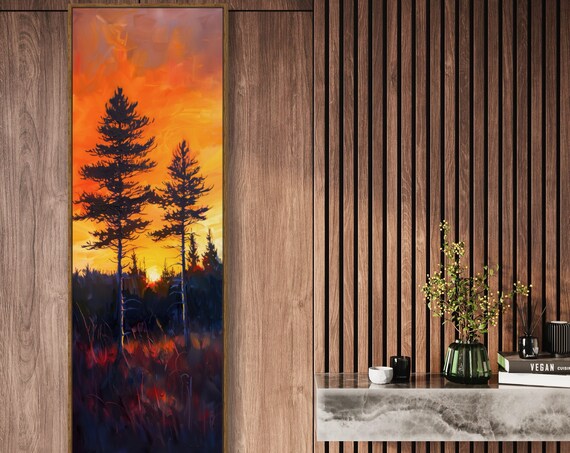 Moody Sunset In Pine Tree Forest Long Narrow Wall Art Calming And Dramatic Wilderness Print For Atmospheric Home Decore