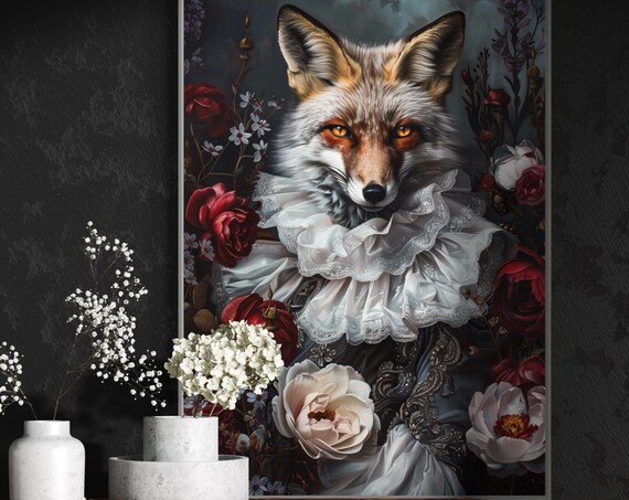 Regal Fox Ruffled Collar Dark Florals Baroque Style Portrait Wall Art