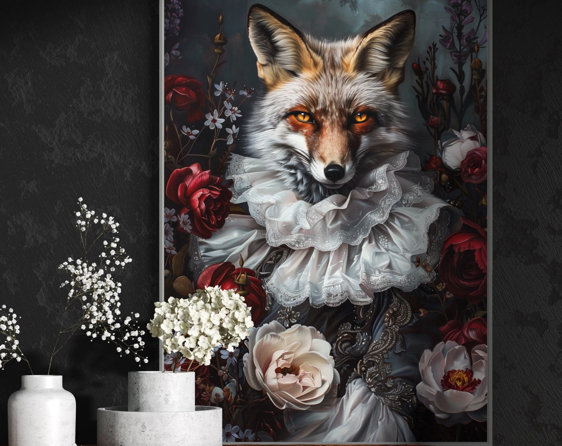 Regal Fox Ruffled Collar Dark Florals Baroque Style Portrait Wall Art