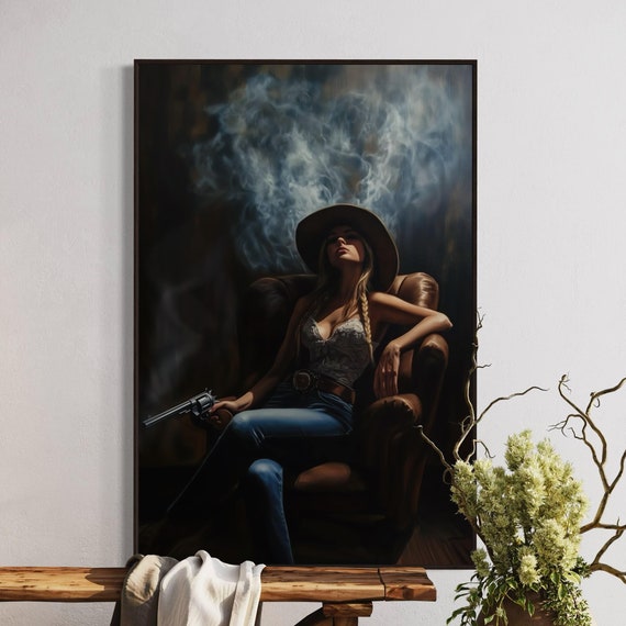 Moody Cowgirl Art Print Sexy Western Wall Decor Gunslinger Female Portrait For Living Room Or Man Cave Rustic Artwork