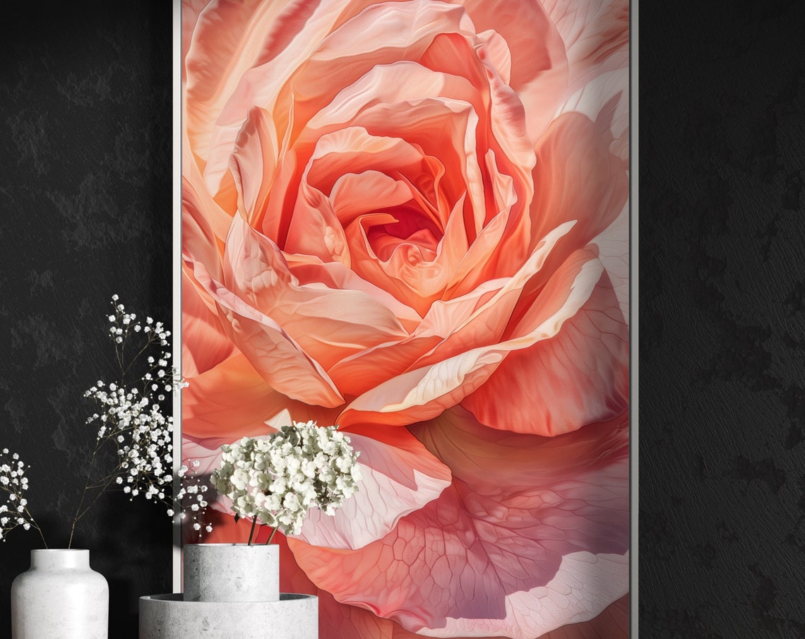 Peachy Coral Rose Macro Bloom Close Up Floral Still Life Print